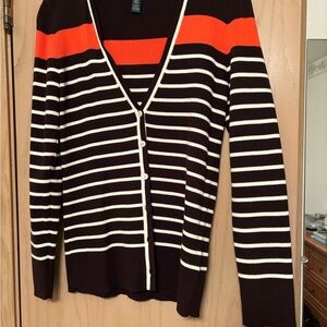 Lauren Ralph Large Lauren Brown, White, and Orange Striped Cardigan